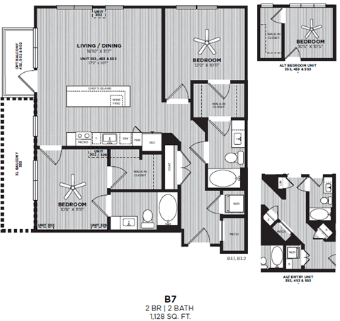 Floor plan for 2 beds, 2 baths, 1128 sqft